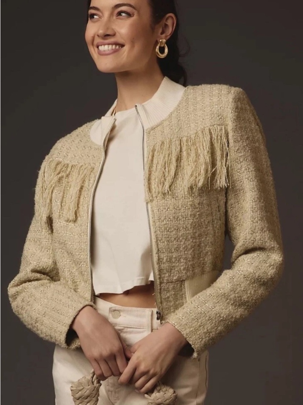 $450 NWT ANTHROPOLOGIE S MOTHER JEANS SWISHER FRINGE TWEED BOMBER JACKET IVORY